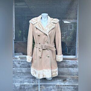 Vintage Tan Wool Belted Mid Length Hooded Faux Fur Trim Penny Lane Peacoat~M~